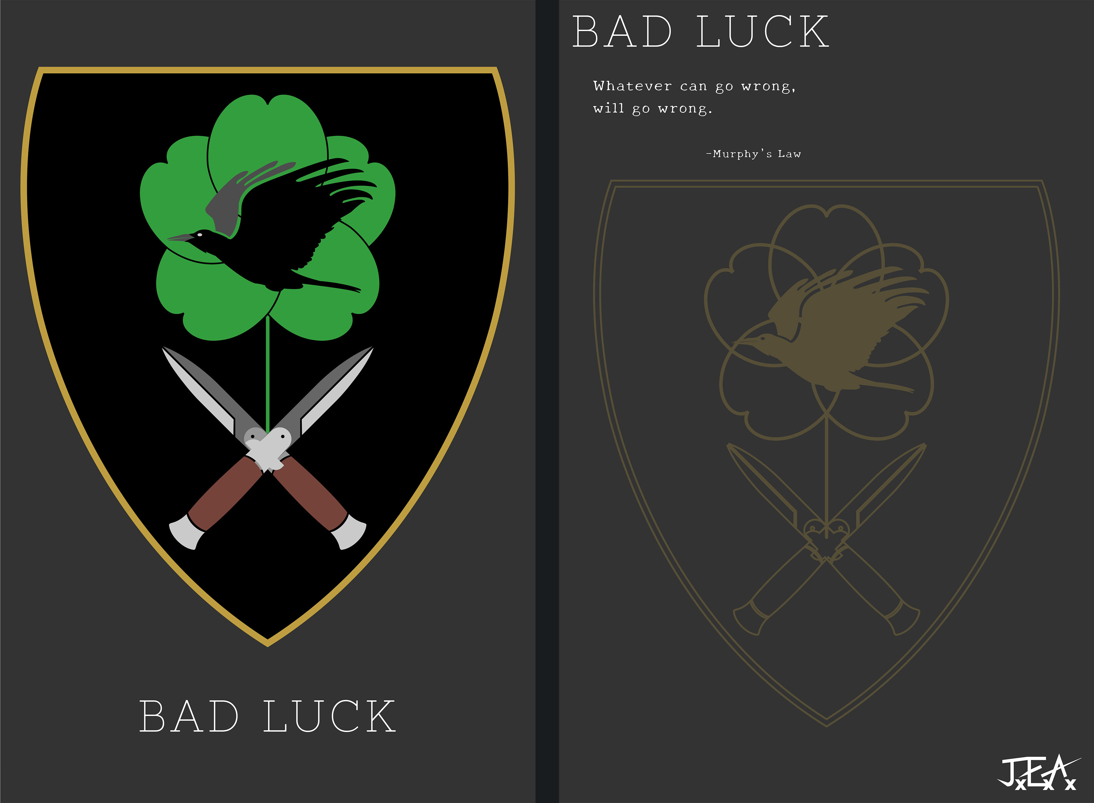 An insignia within a basic shield shape, with a 5 leaf clover background, a raven flying in the foreground, and crossed knives on the botton half of the shield shape.