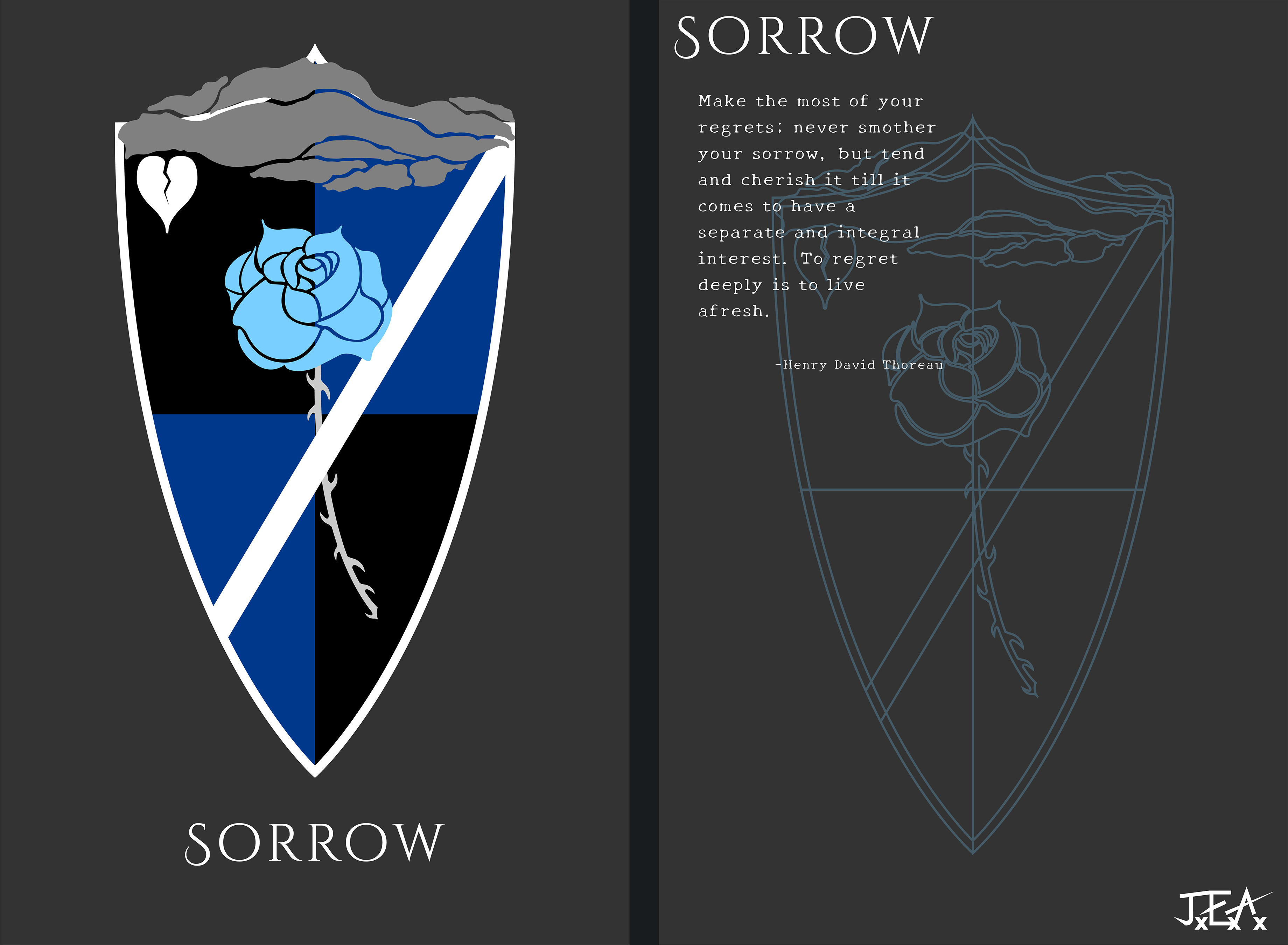 An insignia with a thinner pointier shield shape, featuring a 4 panel background, a blue and white rose, a broken heart and clouds above it all.