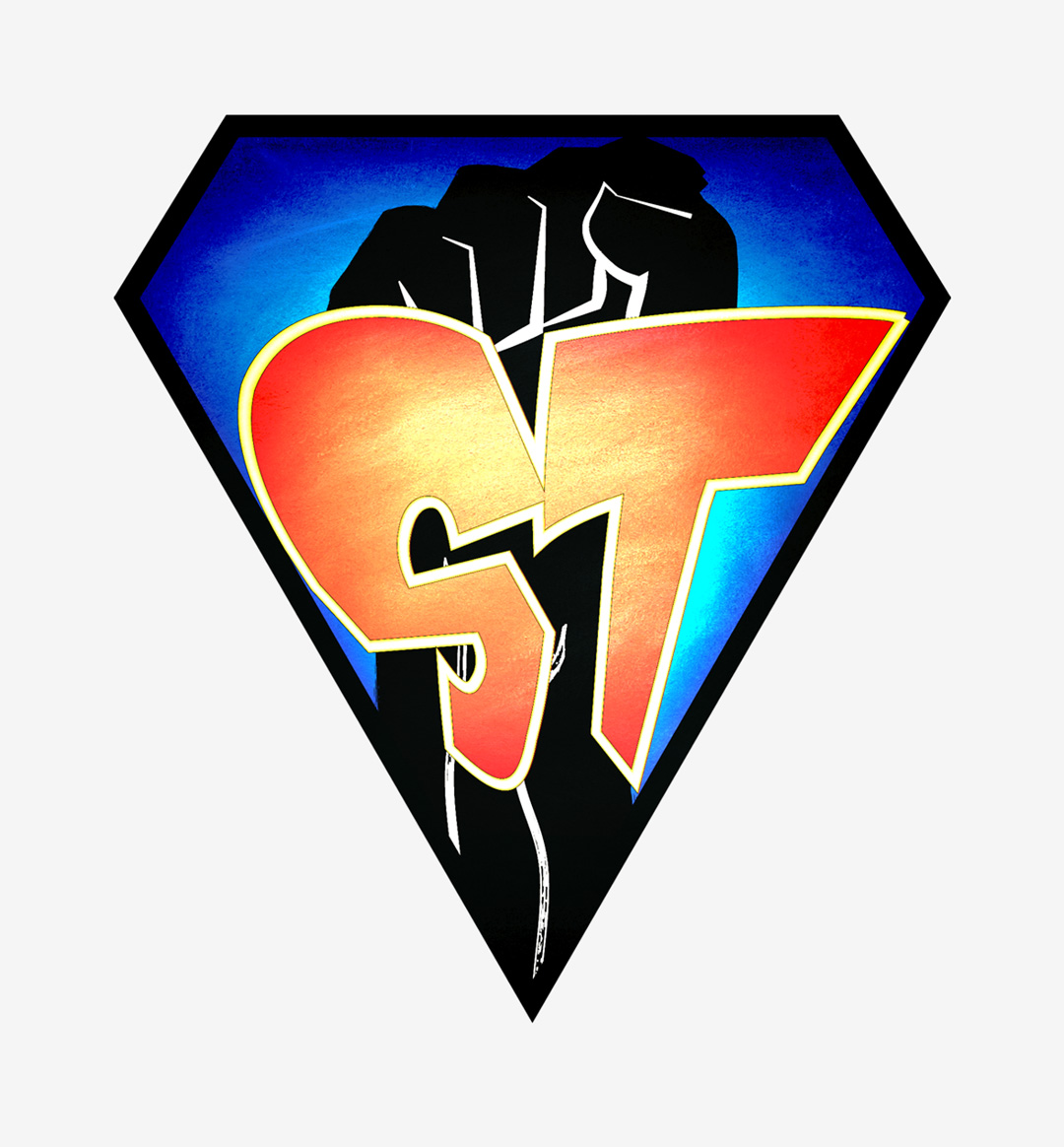 This image shows the final logo for the band. It is a diamond shaped logo, with a blue background and a fist reaching towards the sky. In the foreground, the letters S.T. sit in bright orange, representing the name of the band, Saving Today.