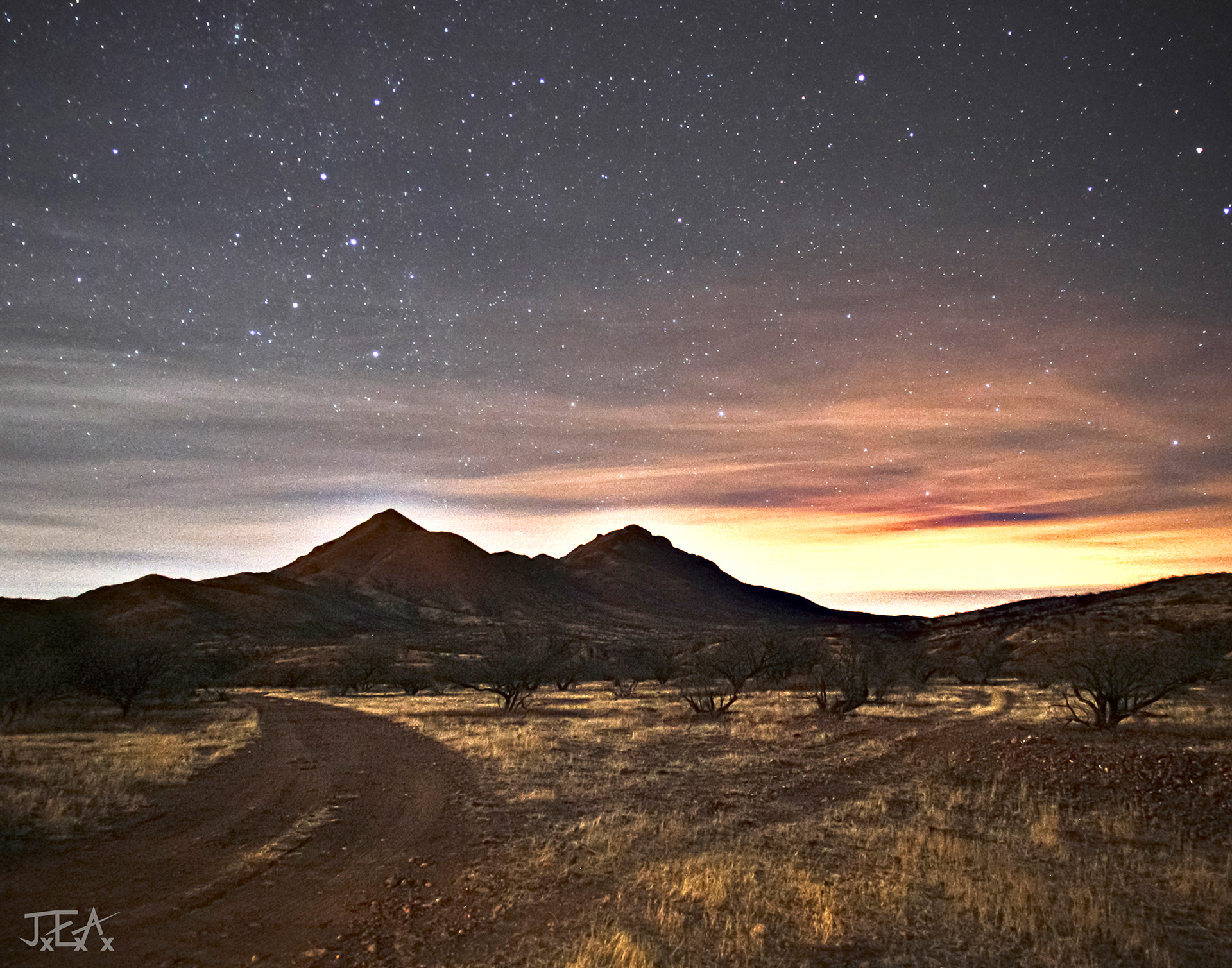 A cureved dirt road in the desert, with bare mesquite trees and yellowed grass in the foreground. In the background sits a two peaked mountain with heavily starred skys and a red glow from distant cities peeking from behind.