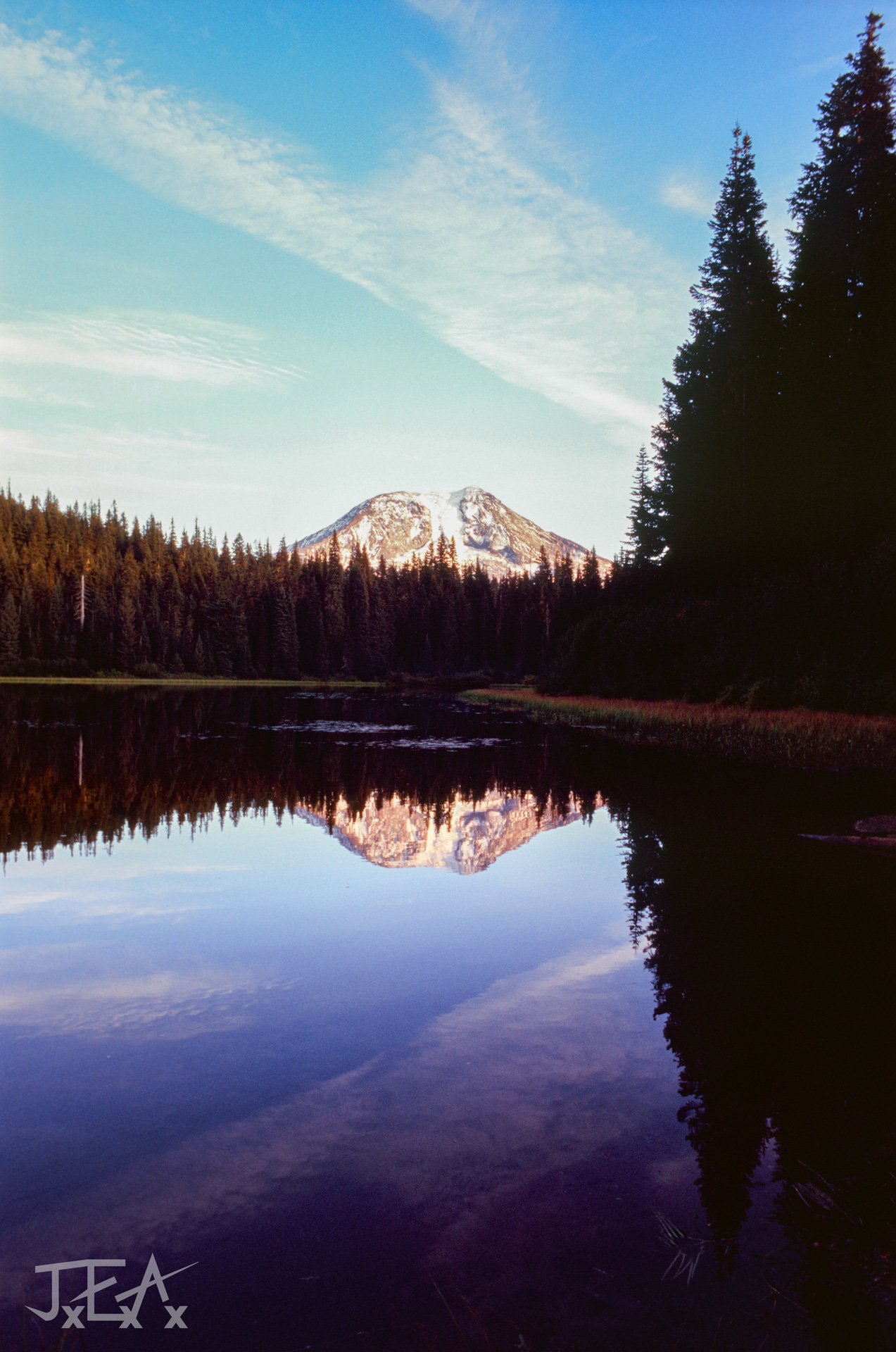 Mt. Adams seen from the shore of Olallie Lake in the Gifford Pinchot National Forest.